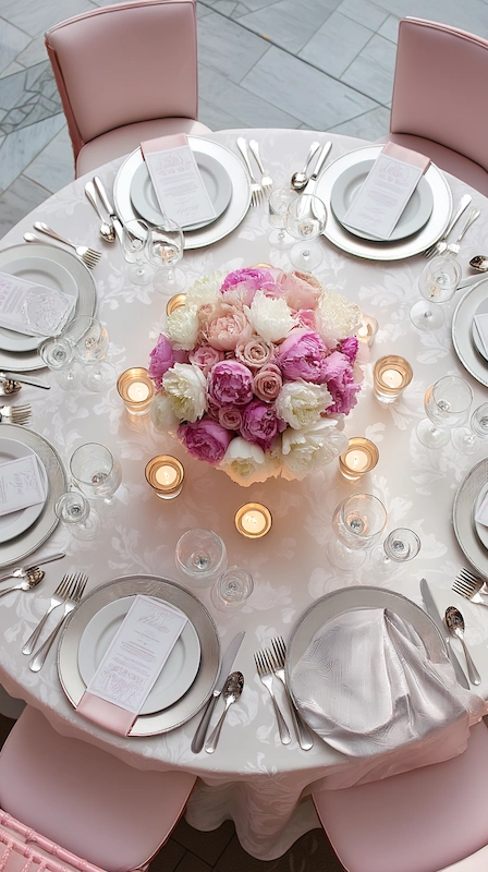 Overhead view of blush wedding table with pink and white floral centerpiece, candlelight, layered place settings, and soft blush chairs