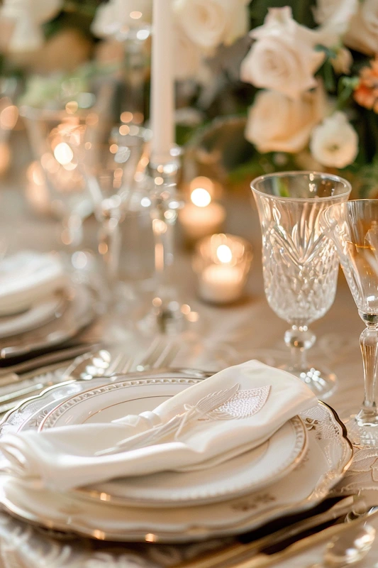 Elegant wedding table place setting with fine china, crystal goblets, soft candlelight, and white roses creating a romantic reception atmosphere