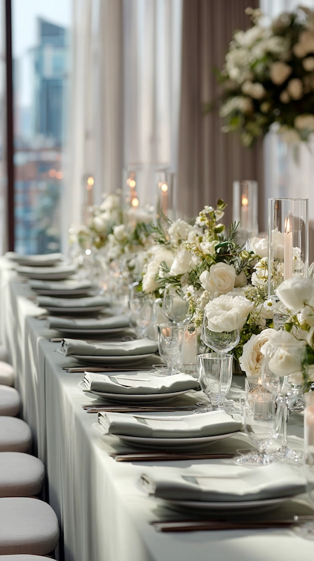 Long wedding banquet table with white floral garlands, candlelight, and elegant place settings in a sunlit luxury reception venue