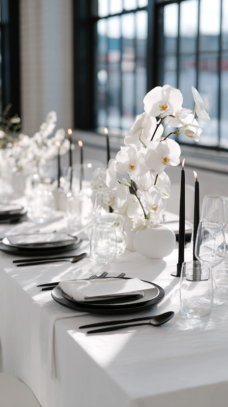 Modern minimalist wedding tablescape with white orchids, black candles, layered plates, and clean white linens in a bright loft venue