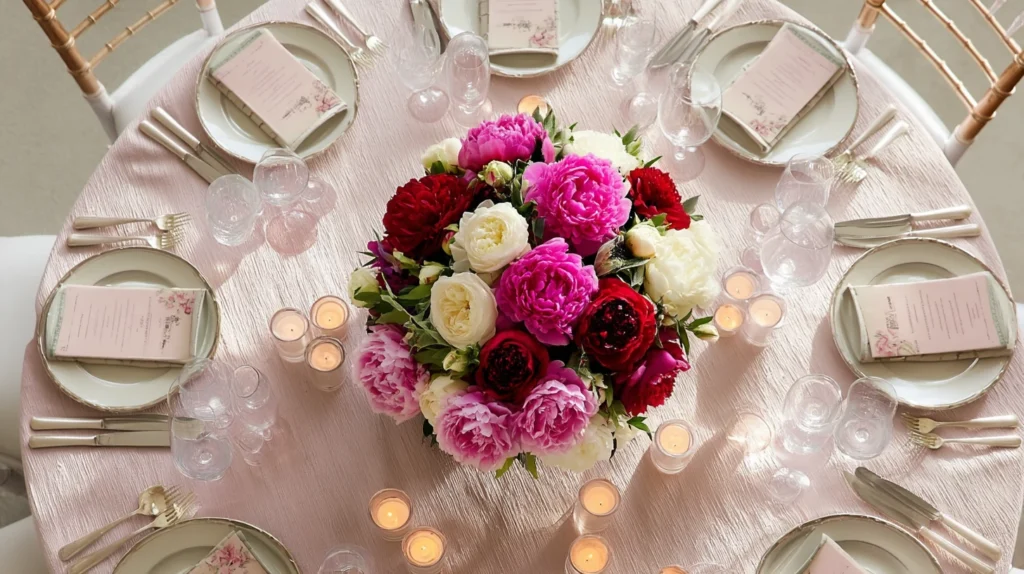 Overhead blush wedding table with round peony centerpiece in pink, burgundy, and ivory with elegant place settings and candlelight