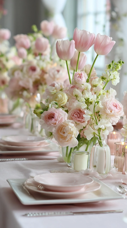 Soft pastel wedding table with blush roses and pink tulips in bud vases, layered plates, glowing candles, and airy spring styling