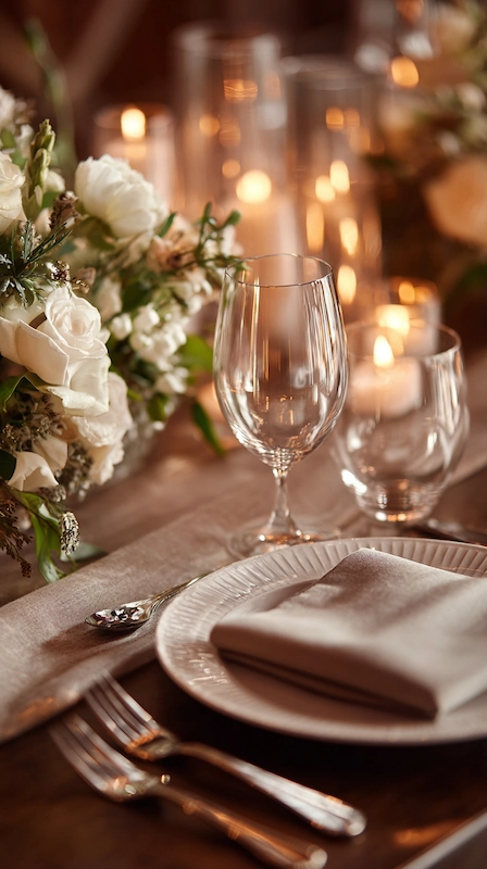 Romantic wedding place setting with soft blush linens, white florals, glowing candles, and elegant glassware in a warm intimate reception