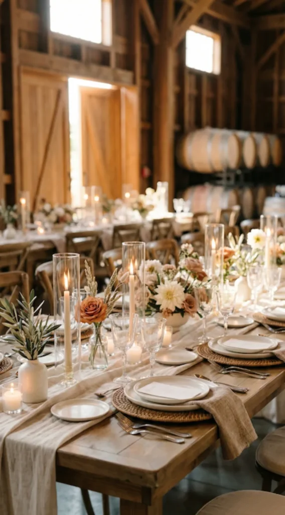 Rustic barn wedding tablescape with wooden farm tables, woven chargers, soft florals, and candlelight in a warm countryside venue