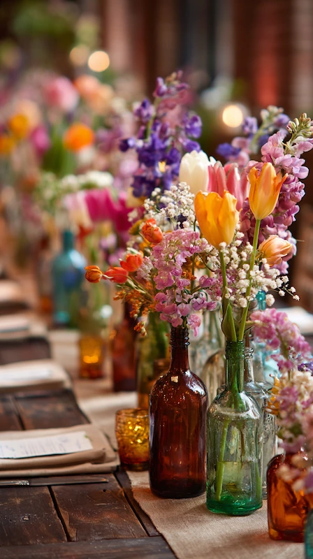 Rustic wedding table with spring wedding centerpieces. with colorful wildflowers in mismatched glass bottles, candlelight accents, and relaxed elegant reception styling