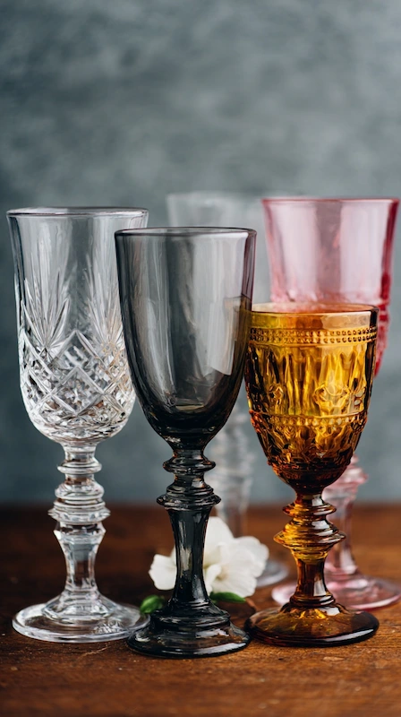 Vintage colored goblet glasses in amber, pink, clear, and smoke gray arranged on a wooden table for elegant wedding table styling