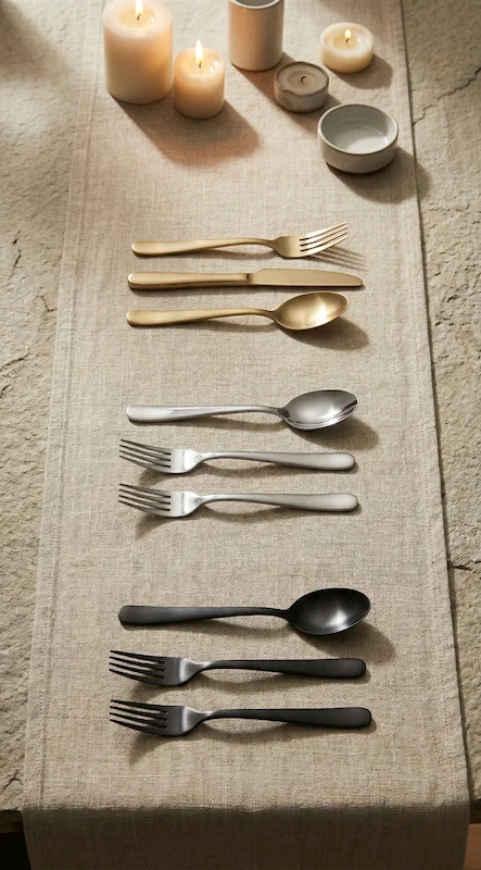 Wedding flatware styles in gold, silver, and matte black arranged on linen runner with candles showing modern place setting options