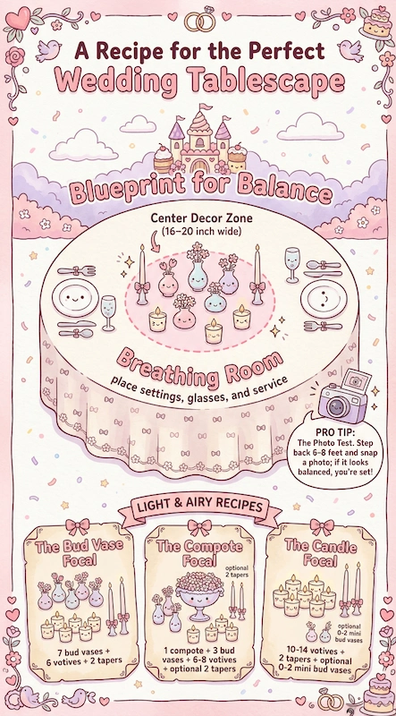 Wedding tablescape blueprint infographic showing center decor zone, breathing room, and floral recipes for balanced reception tables.