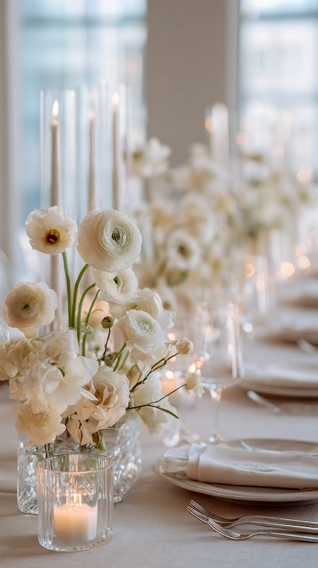 Minimalist wedding tablescape with white ranunculus bud vases, tapered candles, layered place settings, and soft neutral linens