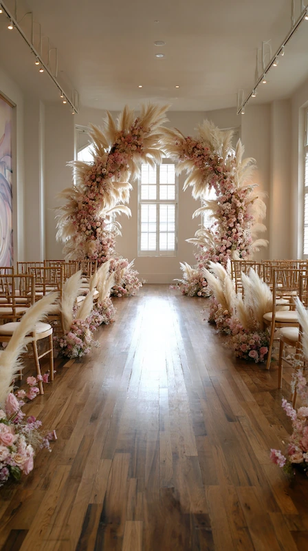 39 Wedding Arch Ideas That Will Make Your Ceremony Unforgettabl 5 Boho wedding aisle with pampas grass and blush florals framing arch, wooden chairs lining sunlit indoor ceremony space