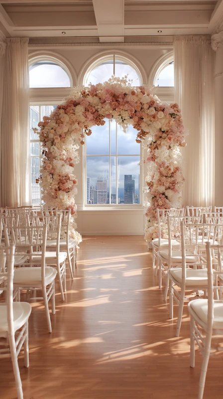 39 Wedding Arch Ideas That Will Make Your Ceremony Unforgettabl 2 Elegant indoor wedding aisle with white chairs leading to floral arch of blush and ivory blooms framed by tall arched windows