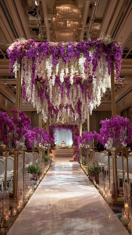 39 Wedding Arch Ideas That Will Make Your Ceremony Unforgettabl 4 Luxury wedding aisle with cascading purple and white orchids overhead, glowing candles and elegant chairs in grand ballroom