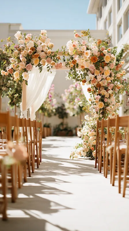 39 Wedding Arch Ideas That Will Make Your Ceremony Unforgettabl 1 Outdoor wedding aisle with wooden chairs leading to a white draped arch adorned with cascading peach garden roses sunlit softly