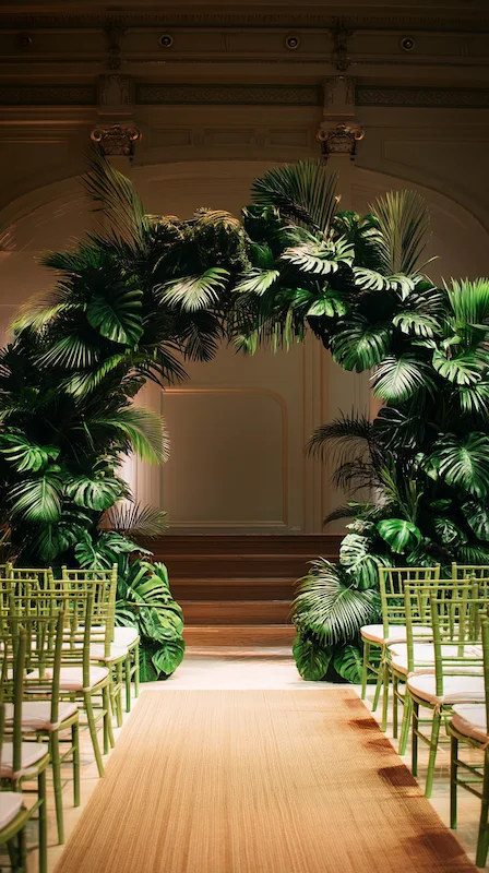 39 Wedding Arch Ideas That Will Make Your Ceremony Unforgettabl 11 All-green tropical foliage wedding ceremony arch with palm and monstera leaves, green Chiavari chairs and neutral aisle runner