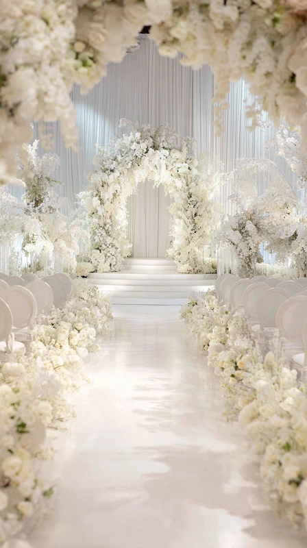 39 Wedding Arch Ideas That Will Make Your Ceremony Unforgettabl 7 All-white floral wedding ceremony aisle with lush blooms, elegant chairs, and romantic arch backdrop in a luxurious setting