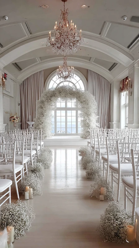 39 Wedding Arch Ideas That Will Make Your Ceremony Unforgettabl 9 Elegant white wedding ceremony aisle with baby’s breath arch, chandeliers, candles, and chiavari chairs in a grand ballroom