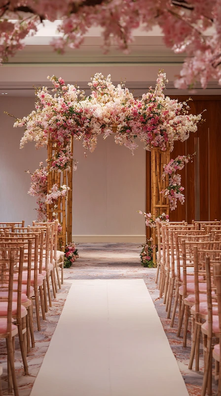 39 Wedding Arch Ideas That Will Make Your Ceremony Unforgettabl 15 Luxury wedding ceremony aisle with bamboo arch covered in pink cherry blossom flowers and Chiavari chairs in elegant ballroom setting