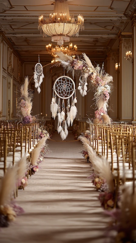 39 Wedding Arch Ideas That Will Make Your Ceremony Unforgettabl 17 Boho wedding ceremony aisle with pampas grass floral arch and dreamcatcher decor in elegant ballroom with gold chiavari chairs