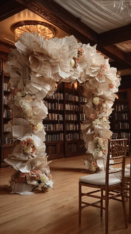 39 Wedding Arch Ideas That Will Make Your Ceremony Unforgettabl 37 Romantic wedding ceremony arch made from folded book pages and soft florals set in an elegant library with wood shelves