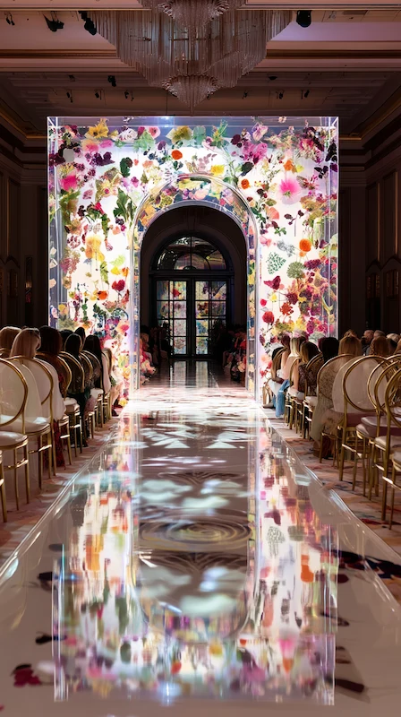 39 Wedding Arch Ideas That Will Make Your Ceremony Unforgettabl 8 Clear acrylic wedding arch with pressed flowers, mirrored aisle reflection, and seated guests in a grand ballroom ceremony