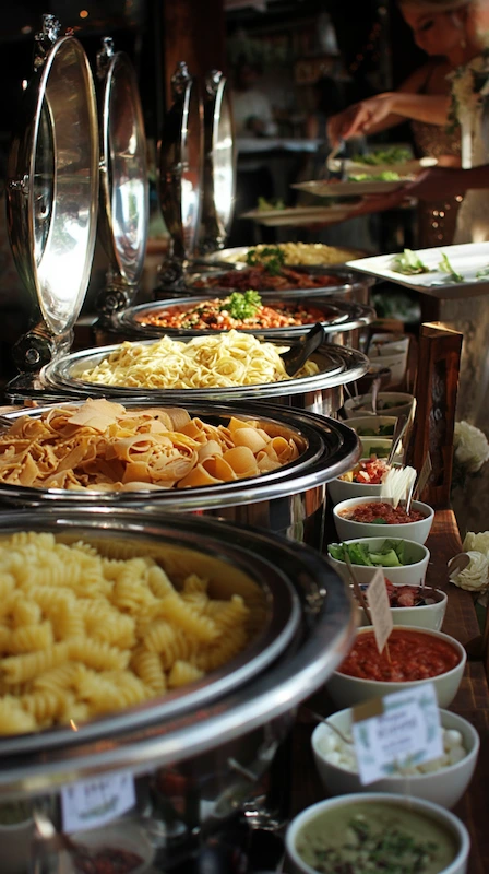 DIY wedding pasta bar with chafing dishes, assorted pasta shapes and toppings as guests build custom plates at reception