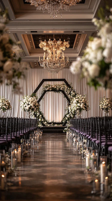 39 Wedding Arch Ideas That Will Make Your Ceremony Unforgettabl 22 Elegant indoor wedding ceremony aisle with candles, floral arrangements, and a modern hexagon arch beneath crystal chandeliers.