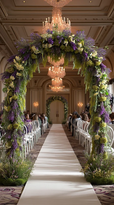 39 Wedding Arch Ideas That Will Make Your Ceremony Unforgettabl 13 herb-garden-wedding-ceremony-arch-lavender-greenery-ballroom-white-aisle-runner.webp