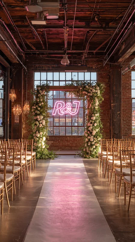 39 Wedding Arch Ideas That Will Make Your Ceremony Unforgettabl 24 Industrial loft wedding ceremony aisle with floral arch and pink neon R&J sign backdrop, brick walls and gold Chiavari chairs.