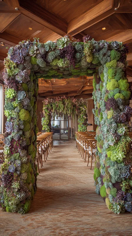 39 Wedding Arch Ideas That Will Make Your Ceremony Unforgettabl 38 Living succulent wedding ceremony arch with lush moss and rosette succulents framing aisle with wooden chairs in rustic venue