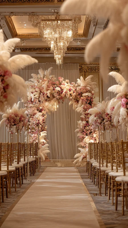 39 Wedding Arch Ideas That Will Make Your Ceremony Unforgettabl 19 Luxury ballroom wedding ceremony aisle with pink floral arch, pampas grass arrangements and crystal chandelier above gold chairs