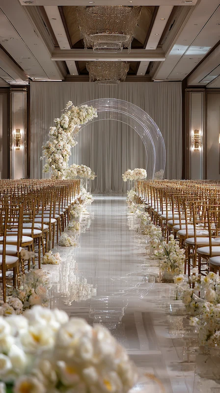 39 Wedding Arch Ideas That Will Make Your Ceremony Unforgettabl 23 Luxury ballroom wedding ceremony with clear acrylic arch, white floral arrangements, gold Chiavari chairs, and a glossy aisle.