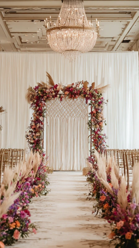39 Wedding Arch Ideas That Will Make Your Ceremony Unforgettabl 16 Elegant wedding ceremony aisle with colorful floral arch, pampas grass arrangements and crystal chandelier ballroom venue