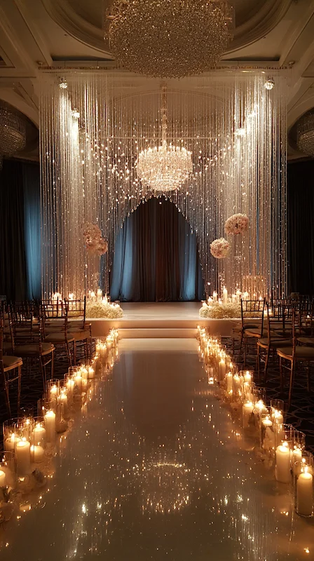 39 Wedding Arch Ideas That Will Make Your Ceremony Unforgettabl 30 Luxury wedding ceremony aisle with candlelit path, crystal curtain backdrop, and grand chandelier in an elegant ballroom.