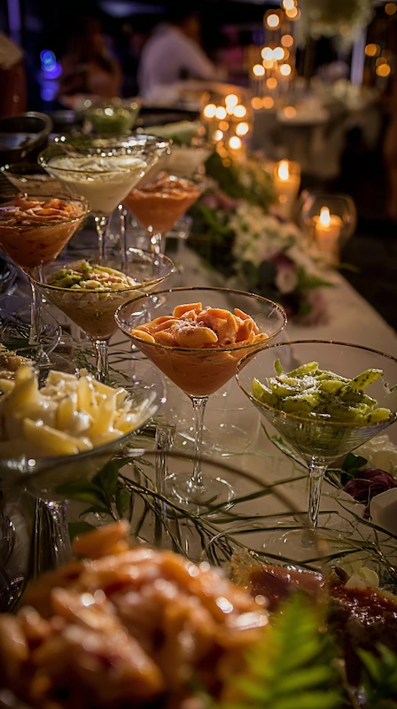 Luxury wedding pasta martini bar with assorted pasta served in glasses, candlelit ambiance and elegant reception display