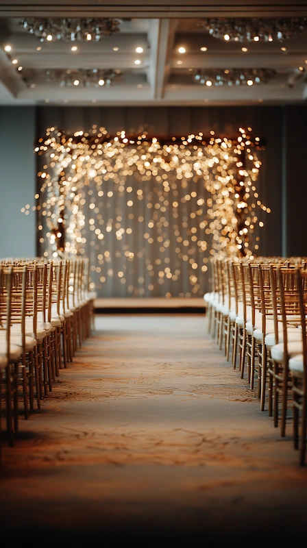 39 Wedding Arch Ideas That Will Make Your Ceremony Unforgettabl 28 Modern ballroom wedding ceremony aisle with gold Chiavari chairs and sparkling fairy light backdrop for a romantic altar.