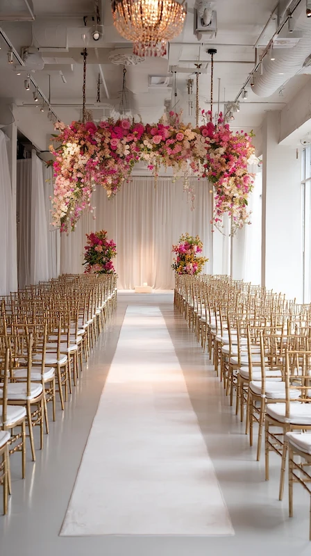 39 Wedding Arch Ideas That Will Make Your Ceremony Unforgettabl 26 Bright modern wedding ceremony aisle with hanging pink floral installation, gold Chiavari chairs, and white draped backdrop.