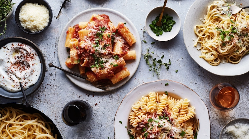 Overhead view of assorted pasta dishes with sauces, cheese, herbs, and wine, styled for an elegant wedding pasta bar spread