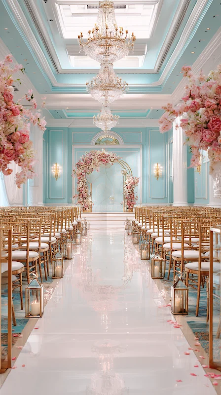 39 Wedding Arch Ideas That Will Make Your Ceremony Unforgettabl 25 Pastel blue ballroom wedding ceremony with gold Chiavari chairs, pink floral arch, crystal chandeliers, and candlelit aisle.