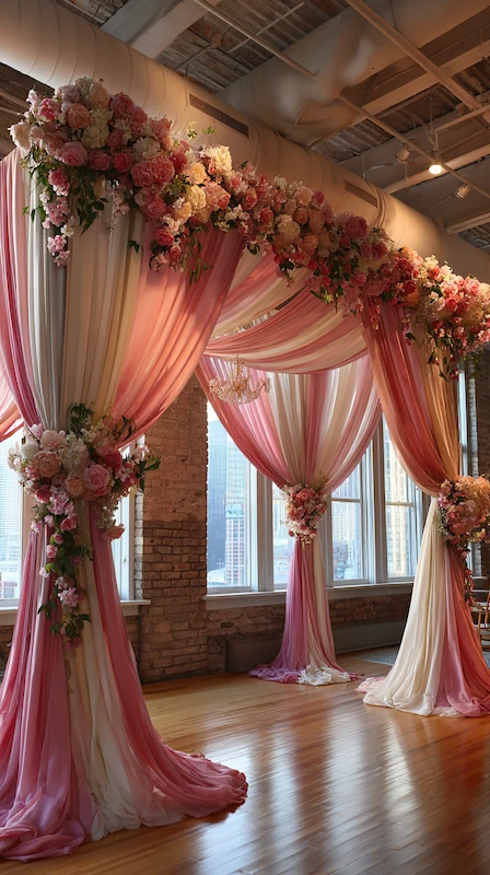 39 Wedding Arch Ideas That Will Make Your Ceremony Unforgettabl 39 Romantic pink draped wedding ceremony arch with cascading silk fabric and lush flowers in a sunlit loft venue