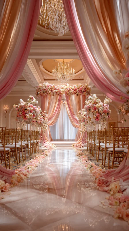 39 Wedding Arch Ideas That Will Make Your Ceremony Unforgettabl 21 Romantic blush pink wedding ceremony aisle with draped silk arch, floral arrangements and crystal chandeliers in luxury ballroom