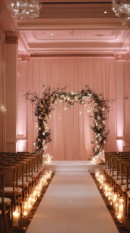 39 Wedding Arch Ideas That Will Make Your Ceremony Unforgettabl 27 Romantic candlelit wedding ceremony aisle with floral arch, glowing string lights, and gold Chiavari chairs in elegant ballroom.