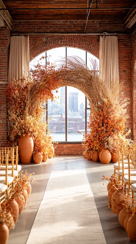 39 Wedding Arch Ideas That Will Make Your Ceremony Unforgettabl 20 Rustic fall wedding ceremony aisle with woven rattan arch, dried florals and terracotta pots in industrial brick venue