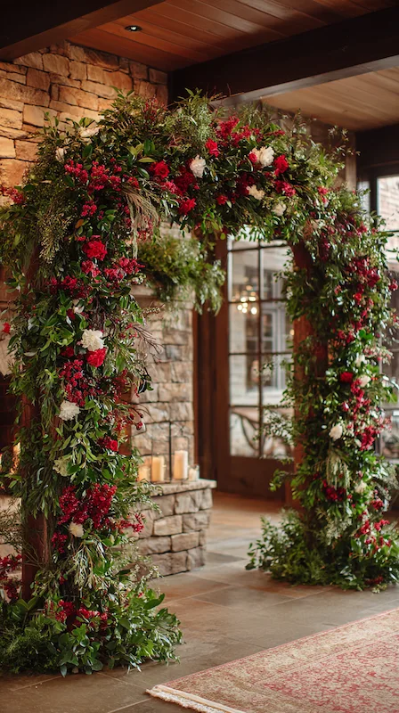 39 Wedding Arch Ideas That Will Make Your Ceremony Unforgettabl 35 Rustic wedding ceremony arch covered in lush greenery, red berries, and white blooms set against a stone wall in a cozy indoor venue