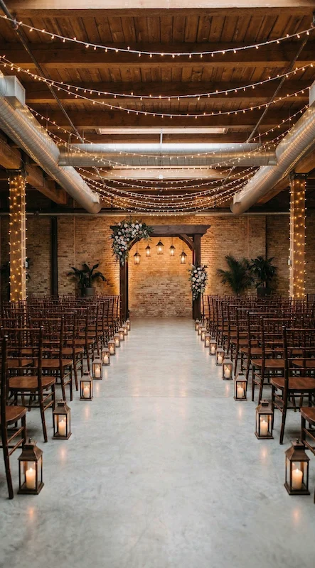 39 Wedding Arch Ideas That Will Make Your Ceremony Unforgettabl 31 Rustic industrial wedding ceremony with string lights, brick wall backdrop, lantern-lined aisle, and wooden crossback chairs.