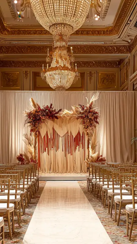 39 Wedding Arch Ideas That Will Make Your Ceremony Unforgettabl 18 Luxury ballroom wedding ceremony aisle with gold chairs and dramatic floral arch under crystal chandelier in elegant venue