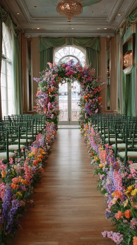39 Wedding Arch Ideas That Will Make Your Ceremony Unforgettabl 36 Wedding Arch Ideas represented by Spring garden wedding ceremony aisle with colorful flowers leading to a lush floral arch and green chairs in elegant ballroom