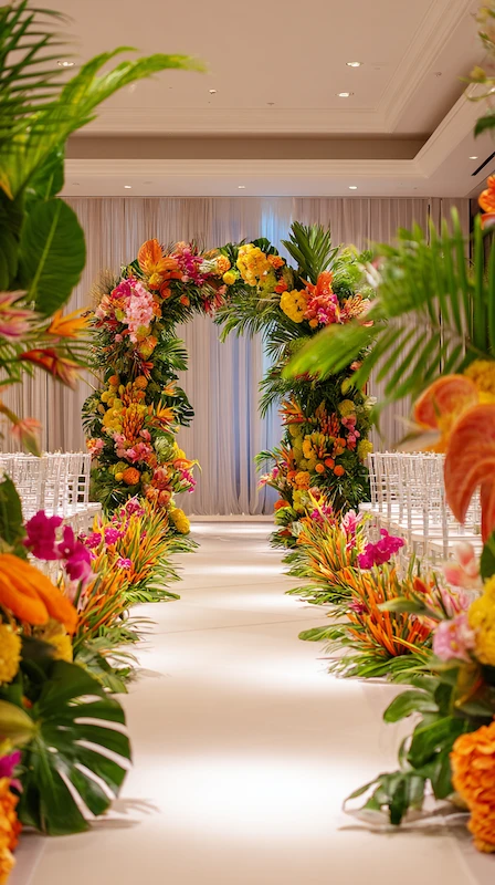 39 Wedding Arch Ideas That Will Make Your Ceremony Unforgettabl 6 Tropical floral wedding arch with vibrant blooms and lush greenery lining aisle in elegant indoor ceremony setting backdrop set