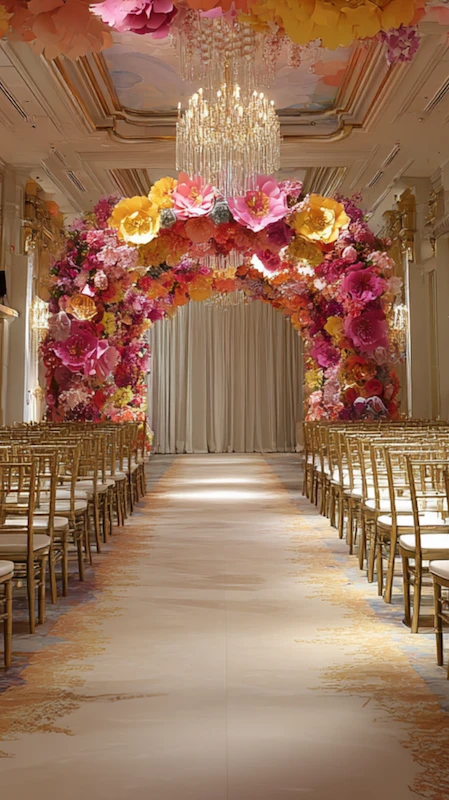 39 Wedding Arch Ideas That Will Make Your Ceremony Unforgettabl 29 Grand ballroom wedding ceremony with vibrant floral arch, oversized paper flowers, crystal chandelier, and gold Chiavari chairs.