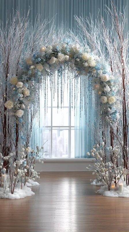 39 Wedding Arch Ideas That Will Make Your Ceremony Unforgettabl 33 Winter wonderland wedding ceremony arch with icy blue and white florals, frosted branches, and snowy aisle décor.