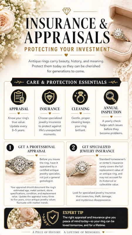 Insurance and appraisal infographic for antique engagement rings covering valuation, cleaning, inspection and protection tips